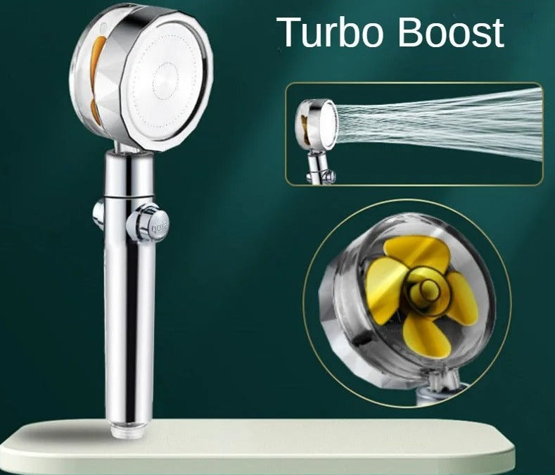 Turbo Fan High Pressure Built In Filter Shower Head 360 Degree Rotation Water Saving Spray