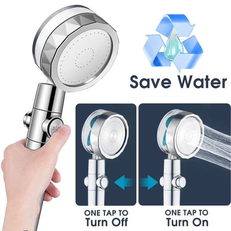 Turbo Fan High Pressure Built In Filter Shower Head 360 Degree Rotation Water Saving Spray