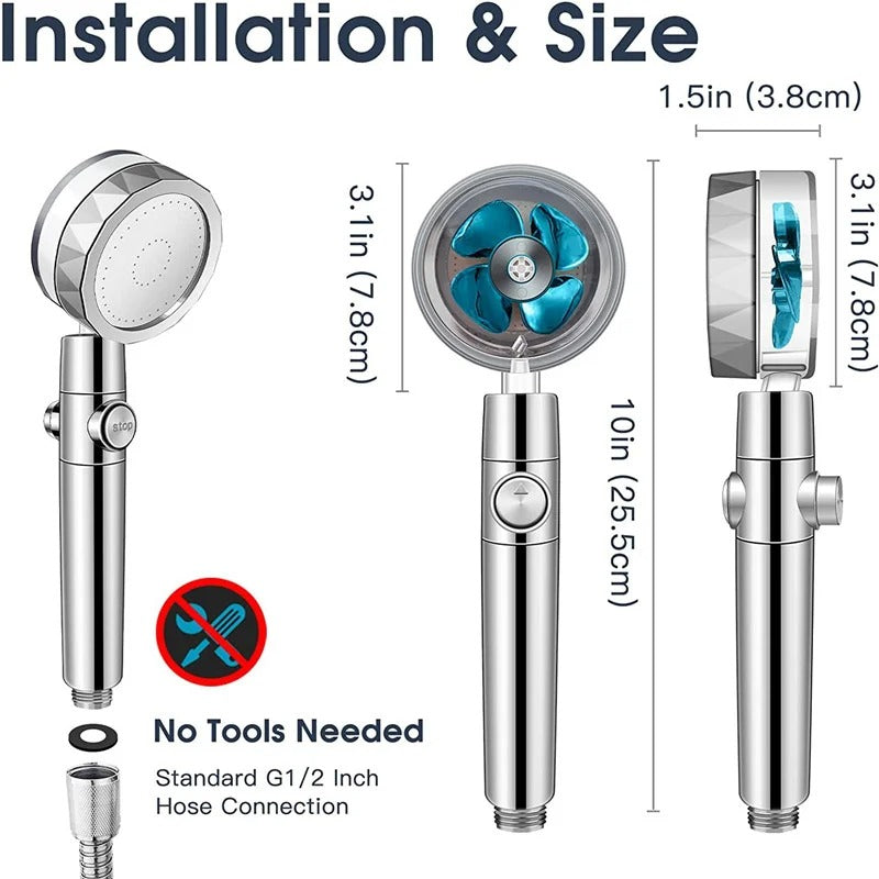 Turbo Fan High Pressure Built In Filter Shower Head 360 Degree Rotation Water Saving Spray